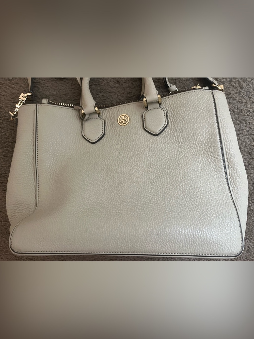 Tory Burch Pebbled Leather Tote in Light Gray with Gold Logo